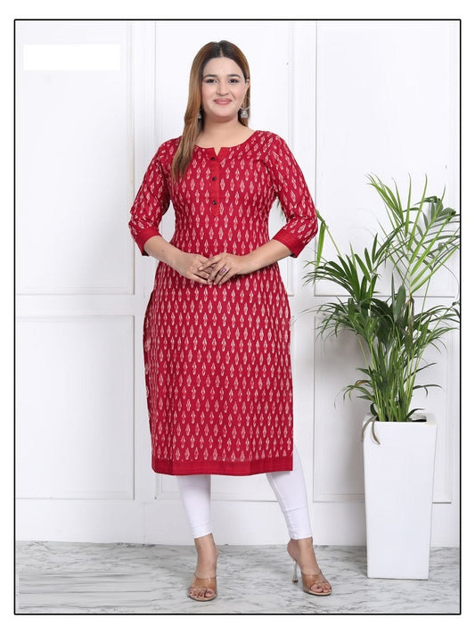 Plus - Red Cotton Floral Printed Straight Kurti