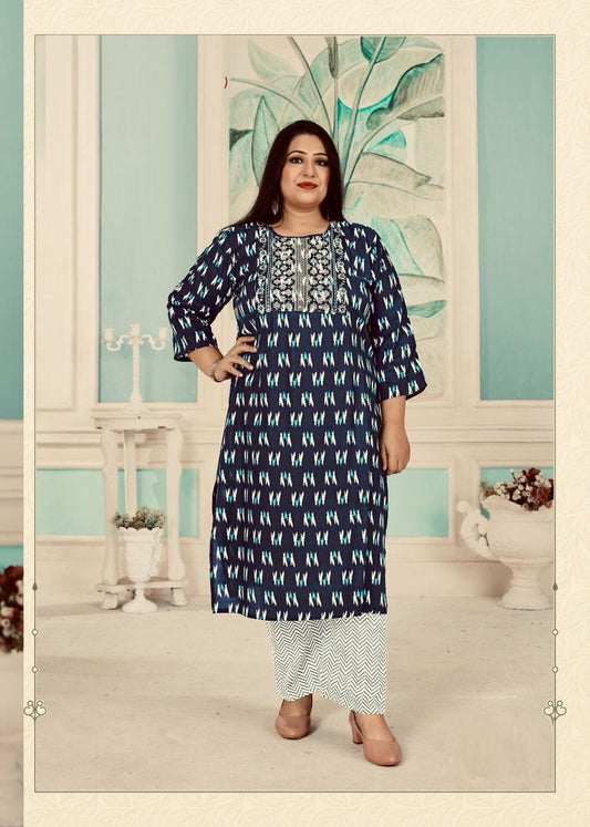 Plus - Navy Blue Rayon Printed Straight Kurti With Pant