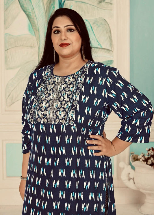 Plus - Navy Blue Rayon Printed Straight Kurti With Pant