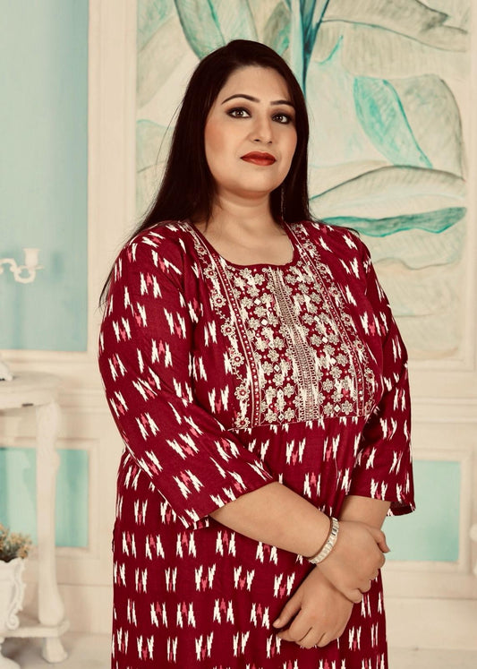 Plus - Burgundy Rayon Printed Straight Kurti With Pant