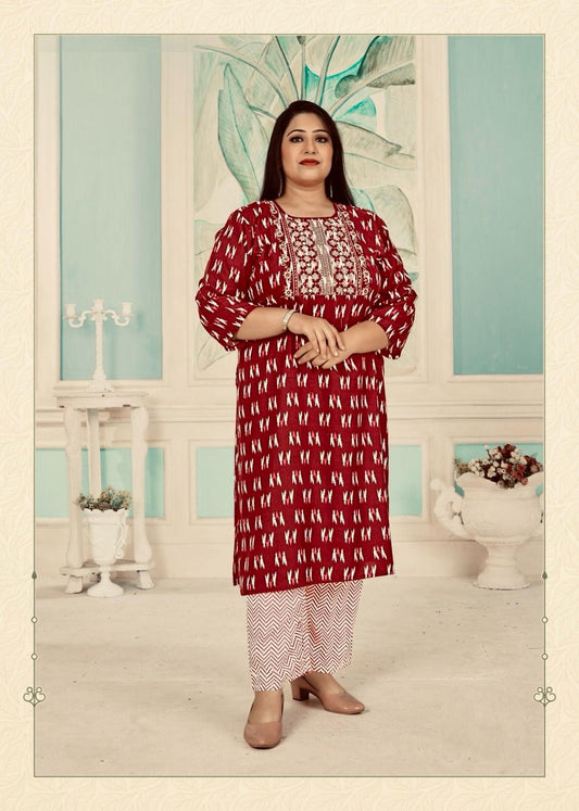 Plus - Burgundy Rayon Printed Straight Kurti With Pant