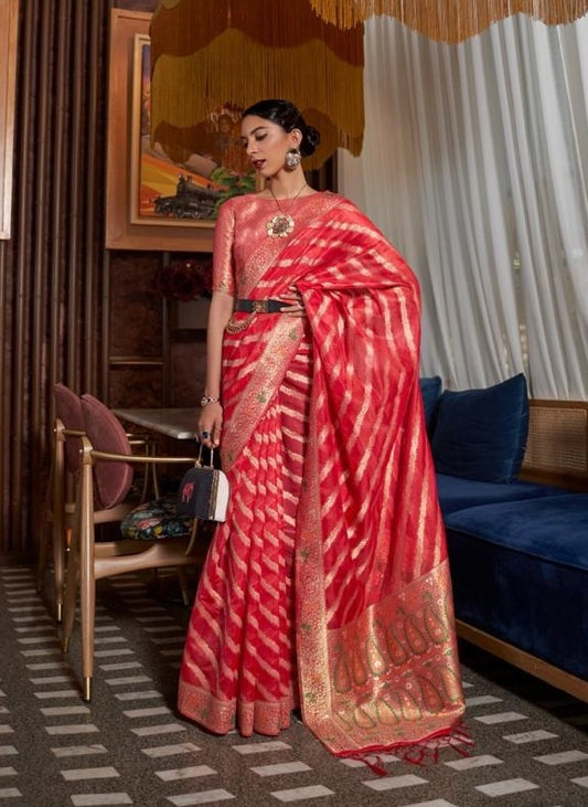 Coral Red Organza Sarees