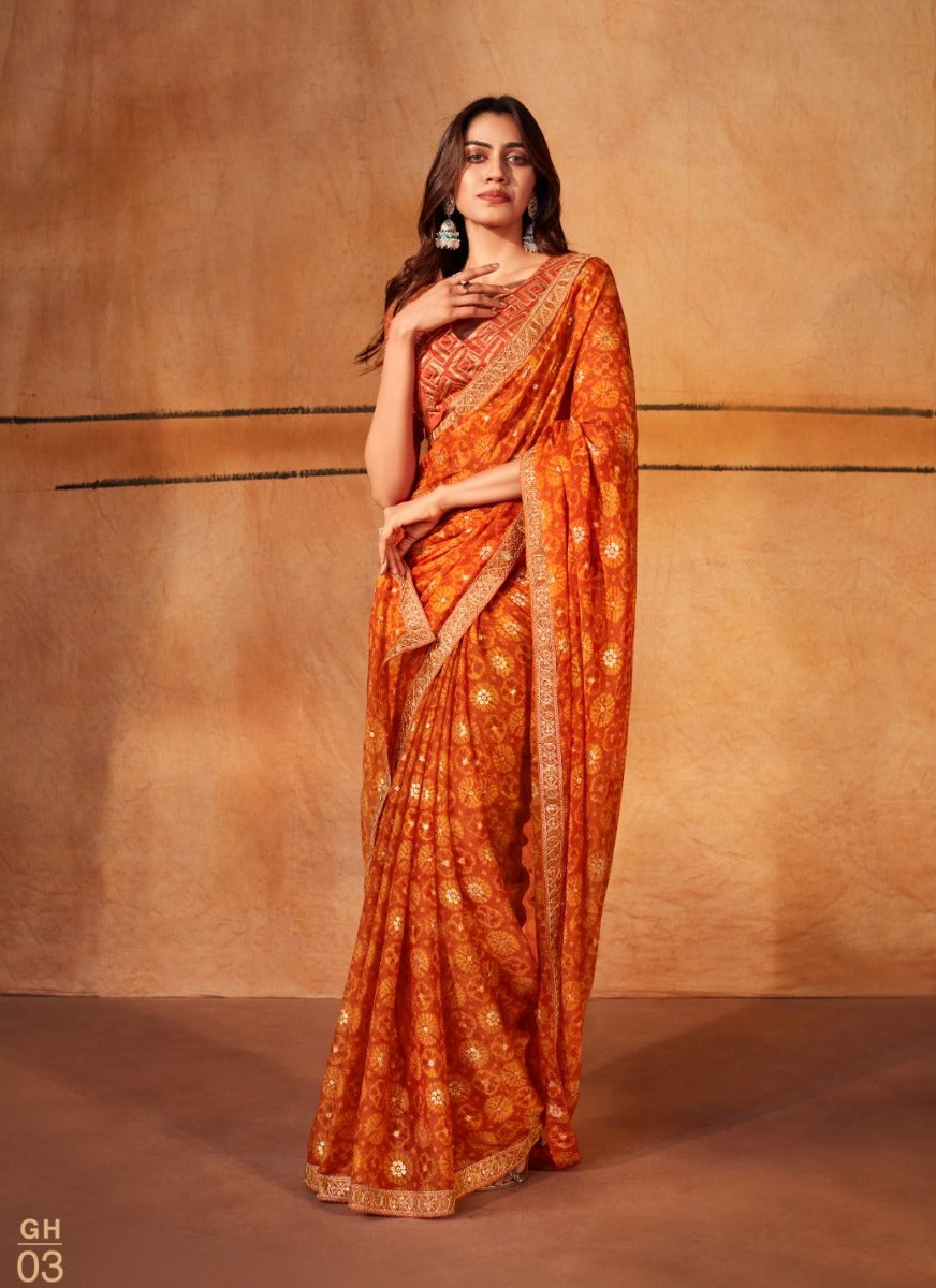 Orange Chiffon Designer Saree