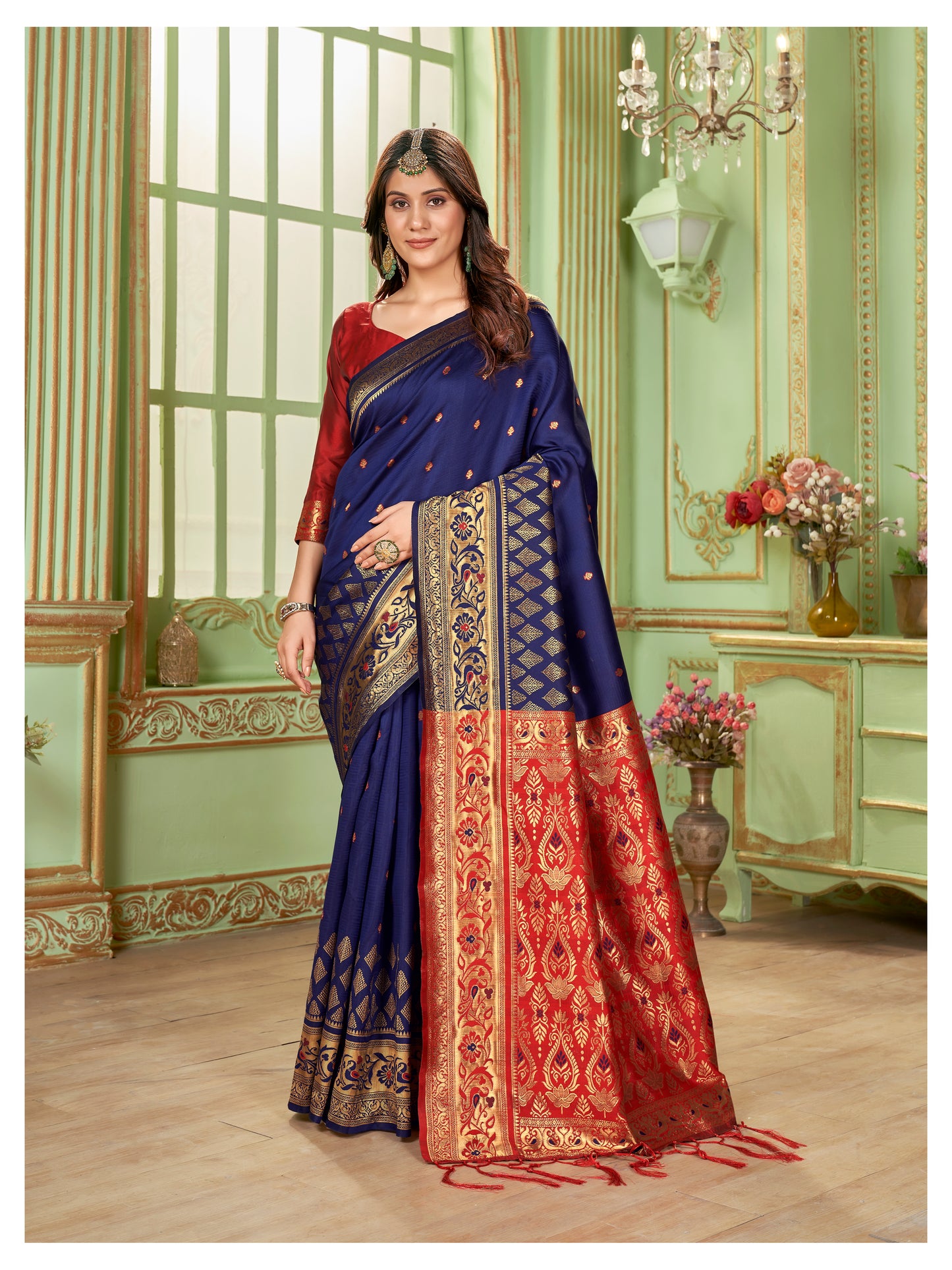 Peacock Blue and Red Cotton Silk Saree