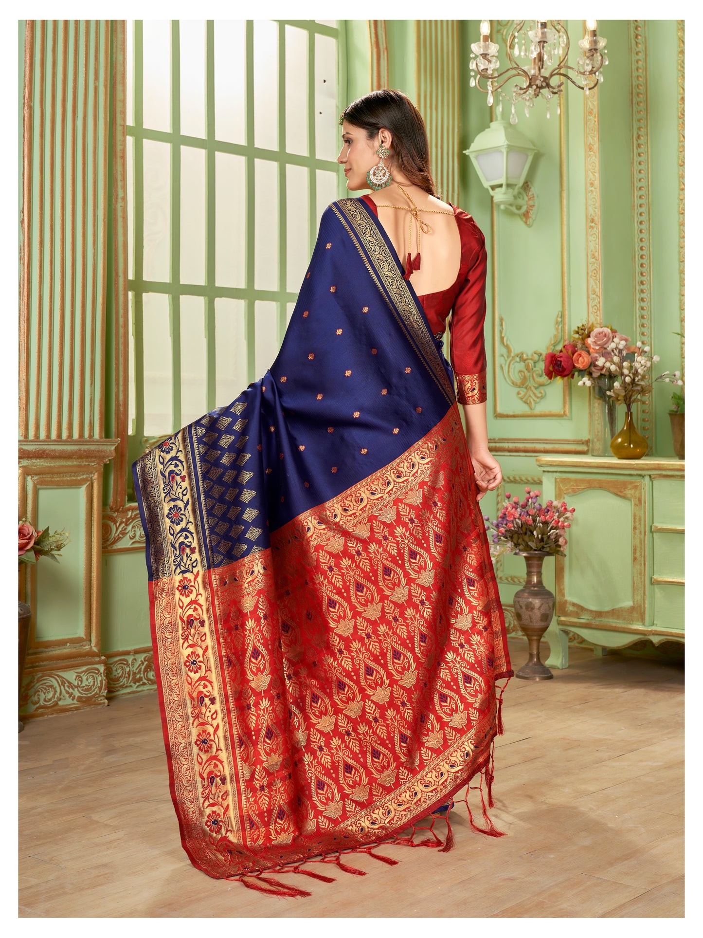 Peacock Blue and Red Cotton Silk Saree