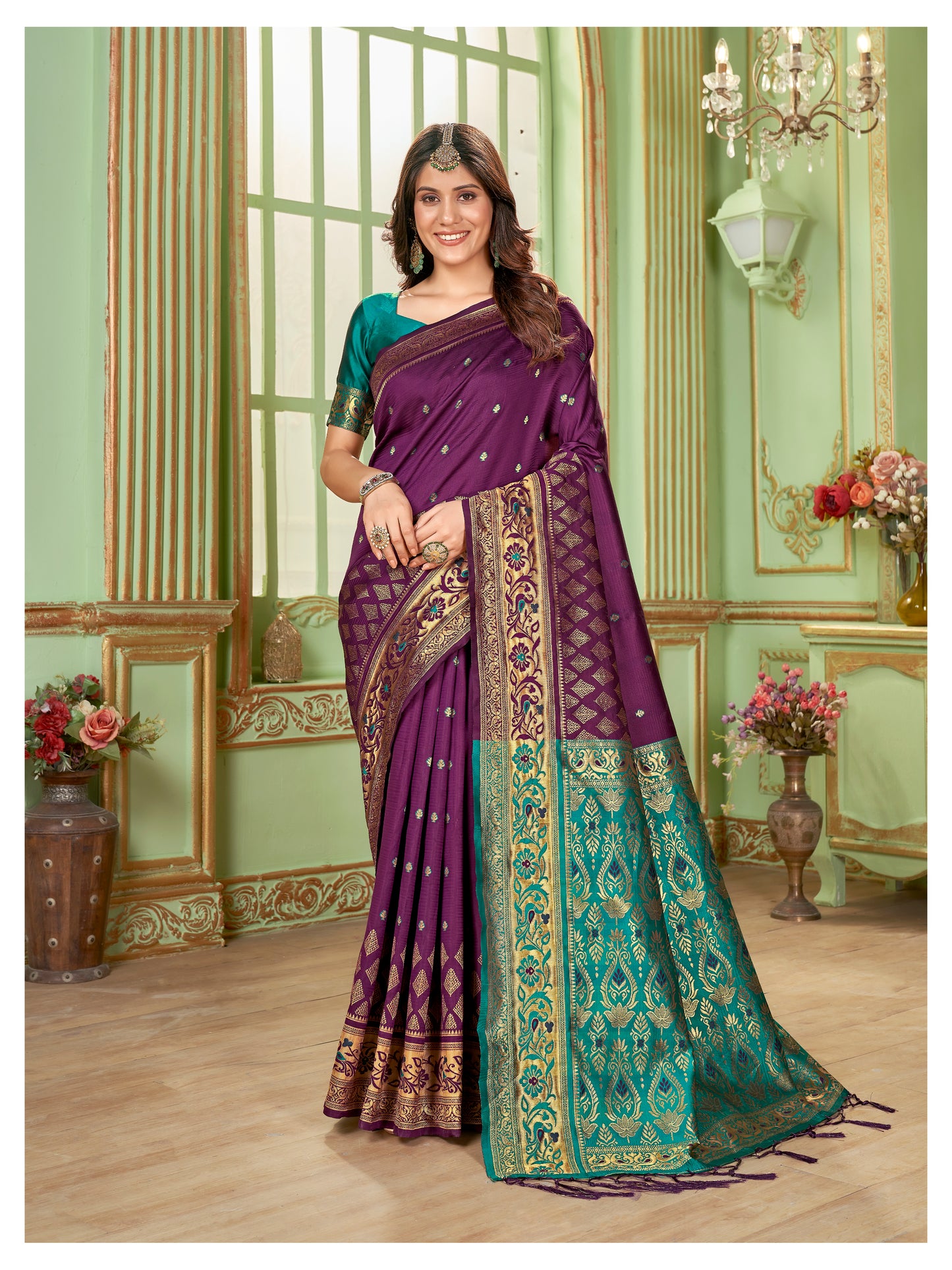 Purple and Turquoise Cotton Silk Saree