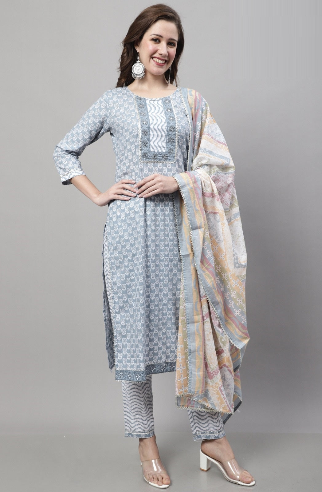 Greyish Blue Printed Soft Cotton Kurta with Bottom and Dupatta