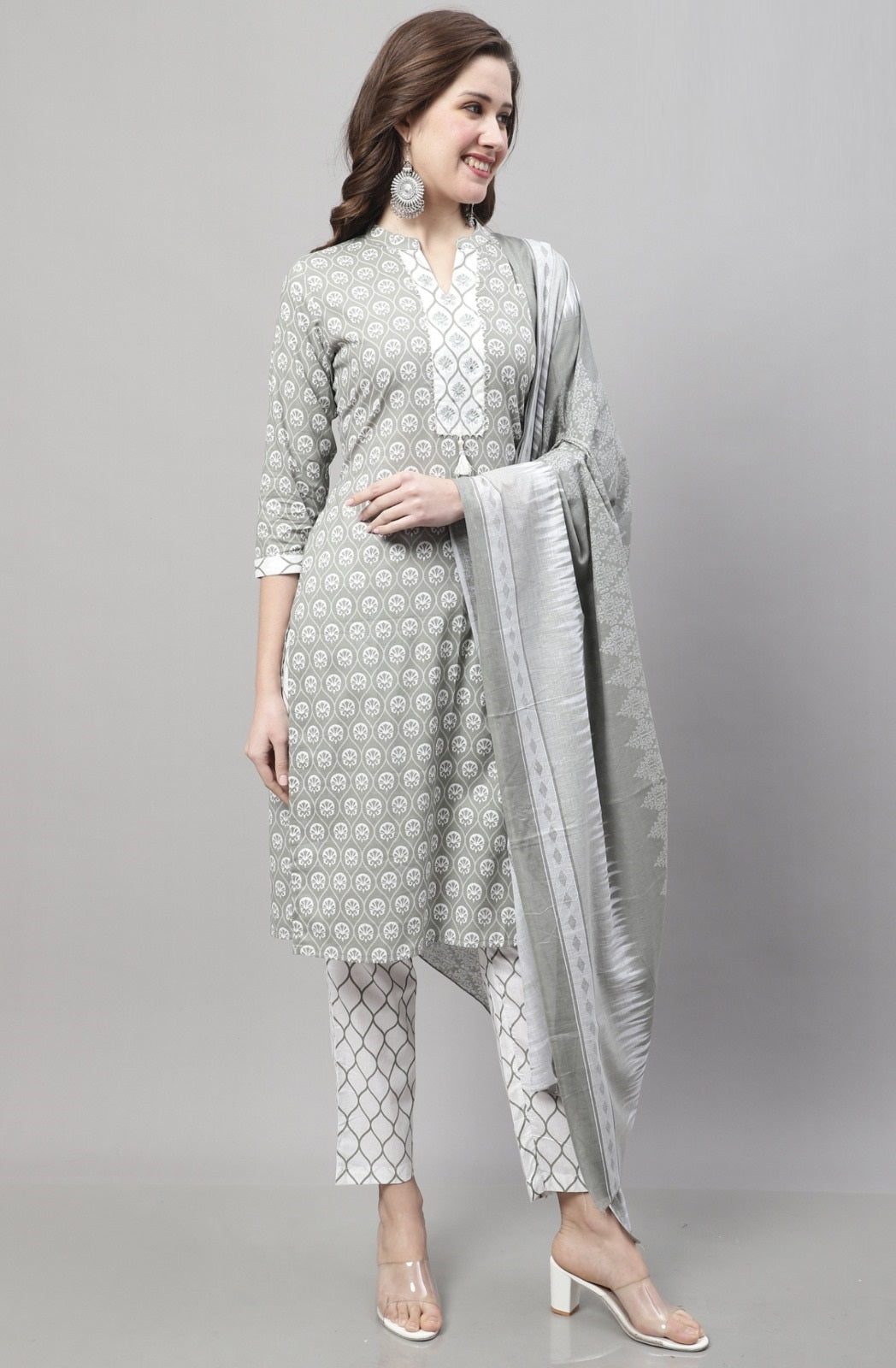 Light Sea Foam Green Printed Soft Cotton Kurta with Bottom and Dupatta ...