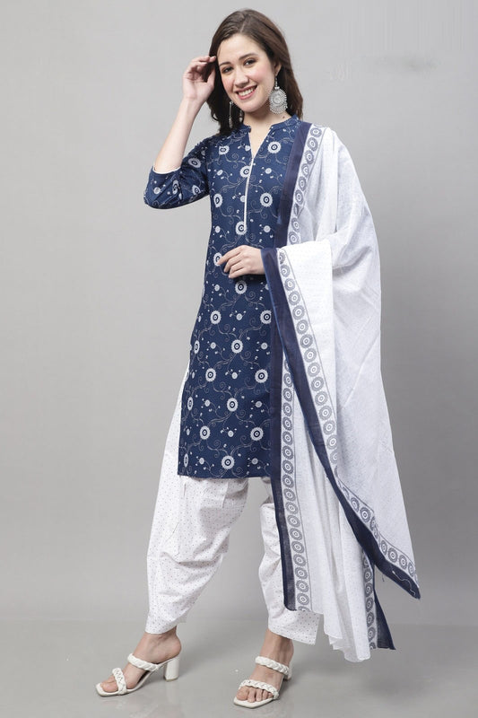 Navy Blue and White Cotton Kurta with Patiala Pants and Dupatta