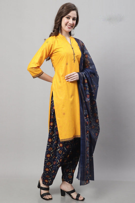 Yellowish Orange and Blue Cotton Kurta with Patiala Pants and Dupatta