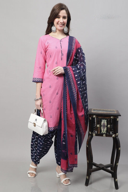 Pink and Blue Cotton Kurta with Patiala Pants and Dupatta