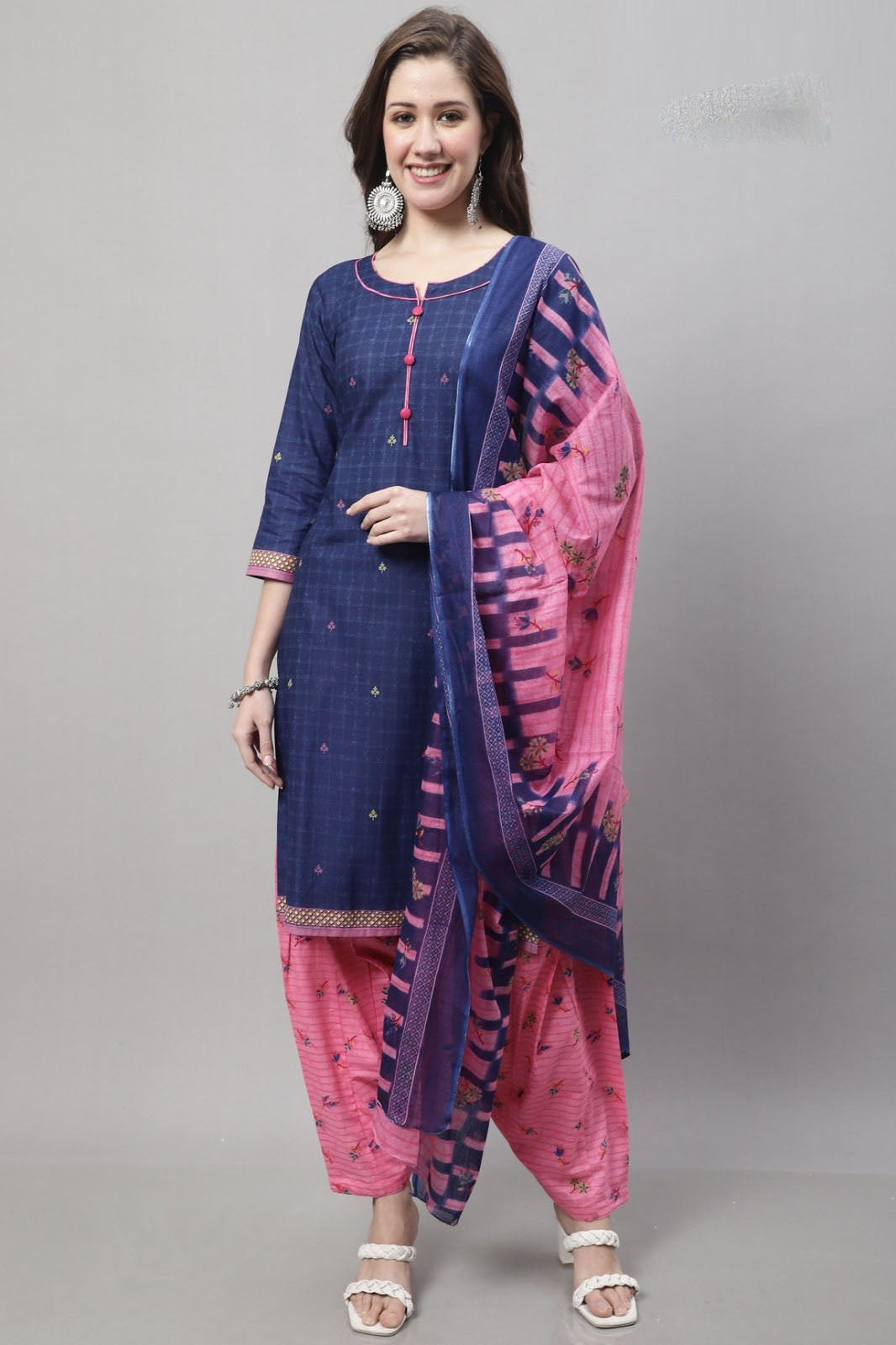 Blue and Pink Cotton Kurta with Patiala Pants and Dupatta