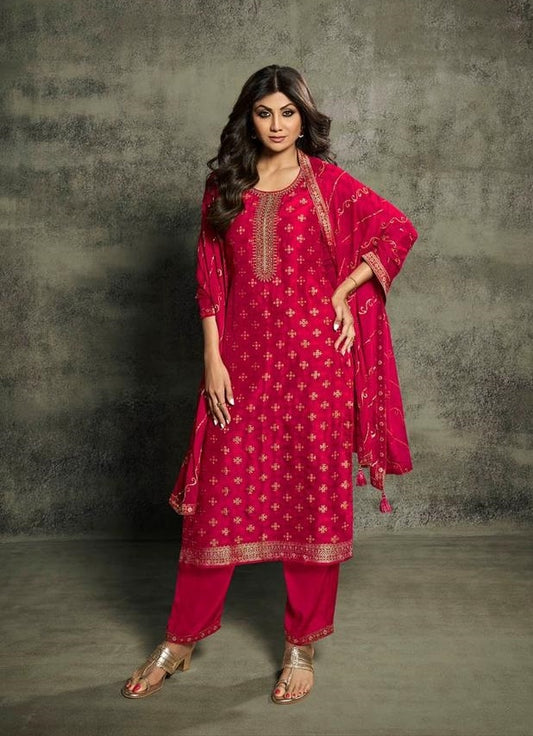 Hot Pink Viscose Jacquard Kurta with Bottom and Dupatta