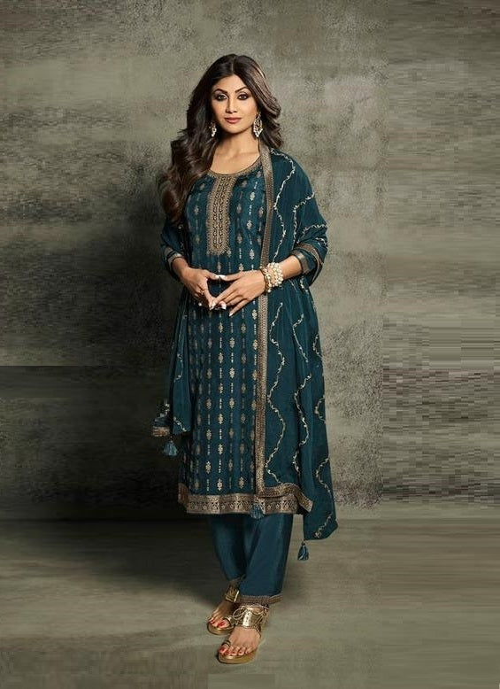 Teal Viscose Jacquard Kurta with Bottom and Dupatta