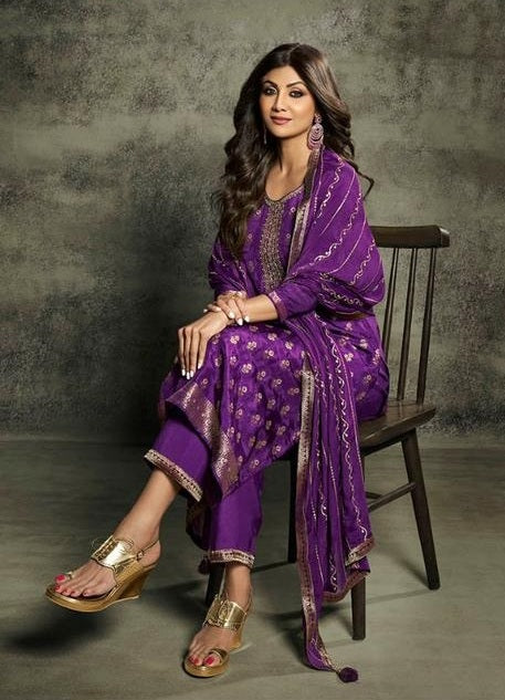 Purple Viscose Jacquard Kurta with Bottom and Dupatta – Thogai Threads