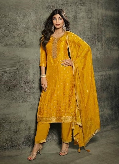 Yellow Viscose Jacquard Kurta with Bottom and Dupatta