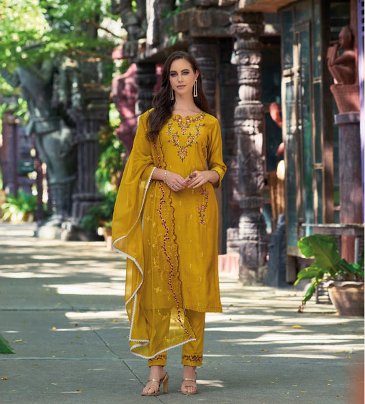 Yellow Viscose Kurta with Bottom and Dupatta