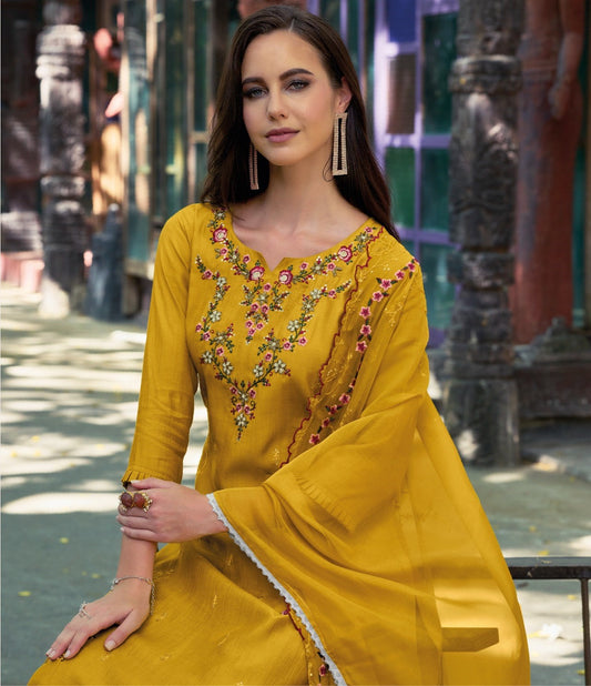 Yellow Viscose Kurta with Bottom and Dupatta