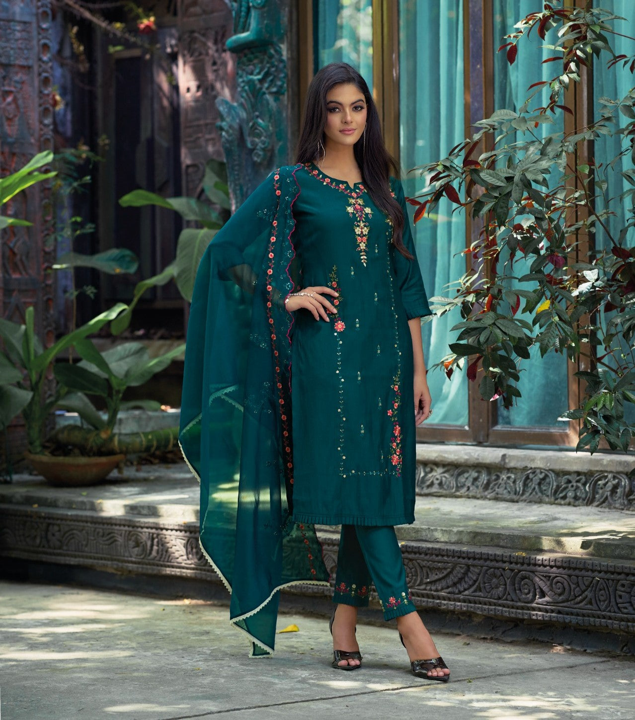 Teal Viscose Kurta with Bottom and Dupatta