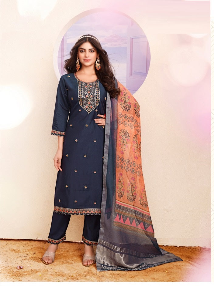 Teal Blue Roman Silk Kurta with Bottom and Dupatta