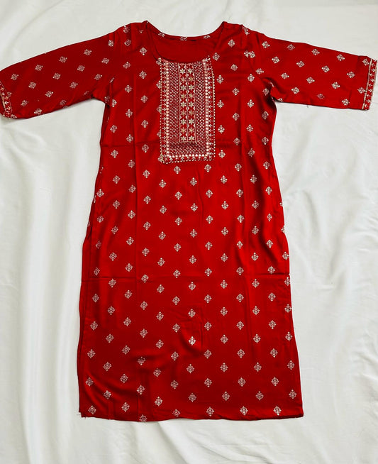 Red Rayon Golden Foil Printed Straight Kurti
