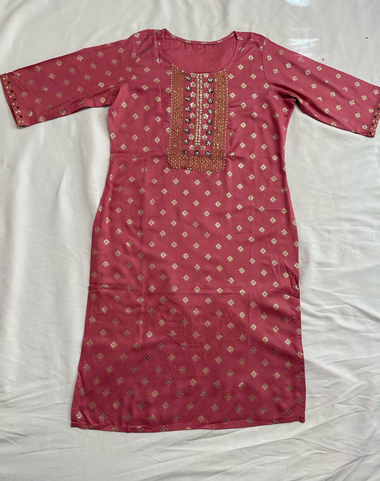 Light Pink Rayon Golden Foil Printed Straight Kurti