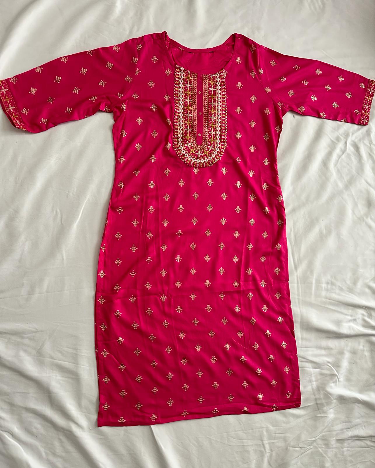 Hot Pink Rayon Golden Foil Printed Straight Kurti