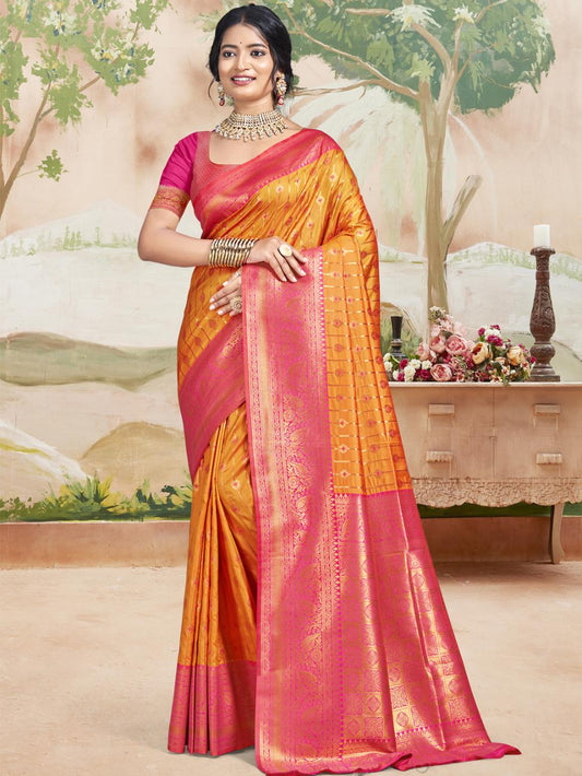 Yellow and Pink Soft Silk Saree