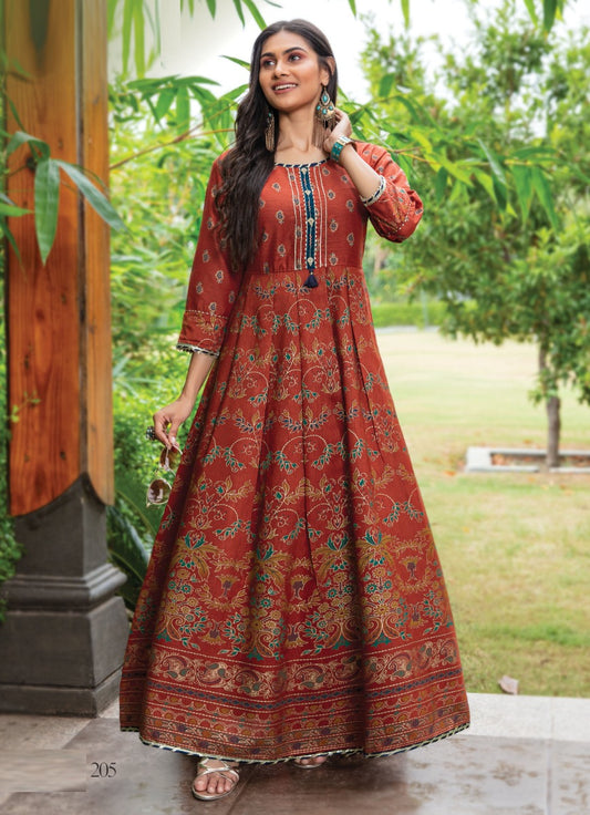 Brown Silk Print Anarkali Kurti