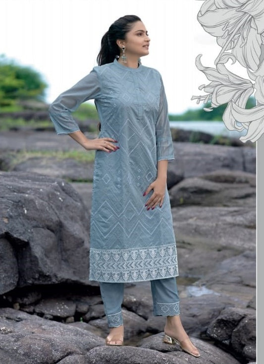 Blue Chanderi Cotton Kurta with lace work Pant