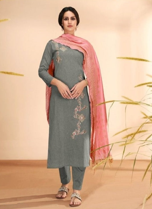 Grey Cotton Embroidery Kurta with Bottom and Dupatta