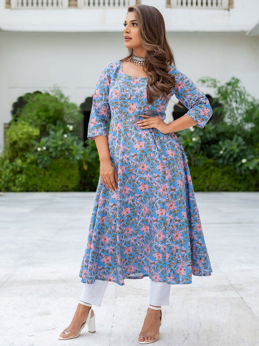 Blue Floral Print Flared Cotton Kurti