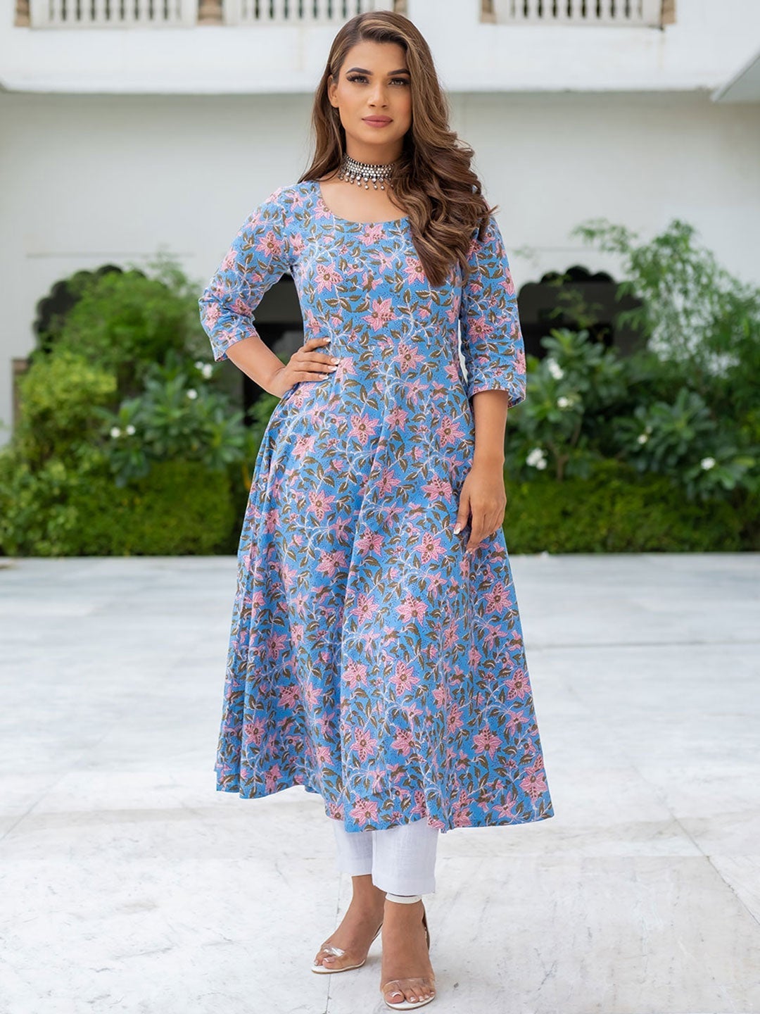 Blue Floral Print Flared Cotton Kurti