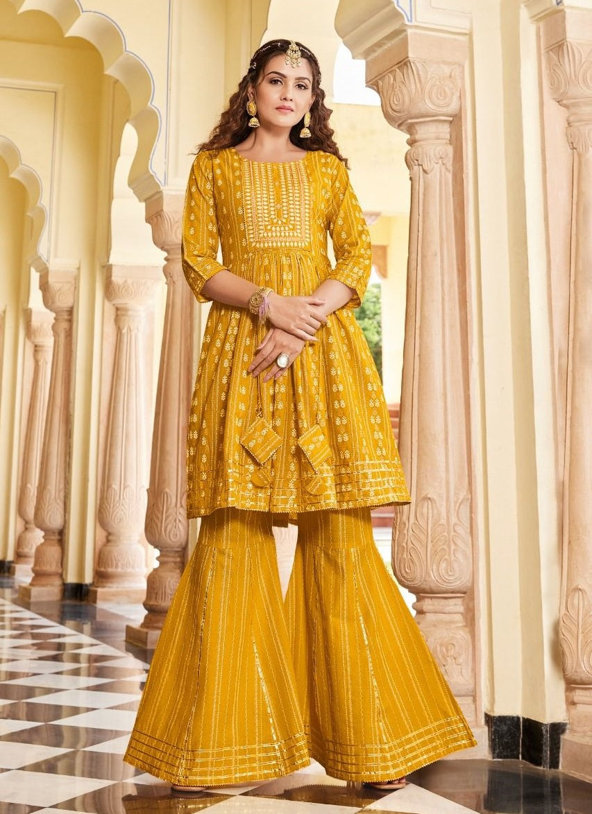 Yellow Cotton Foil Print Kurti with Gharara