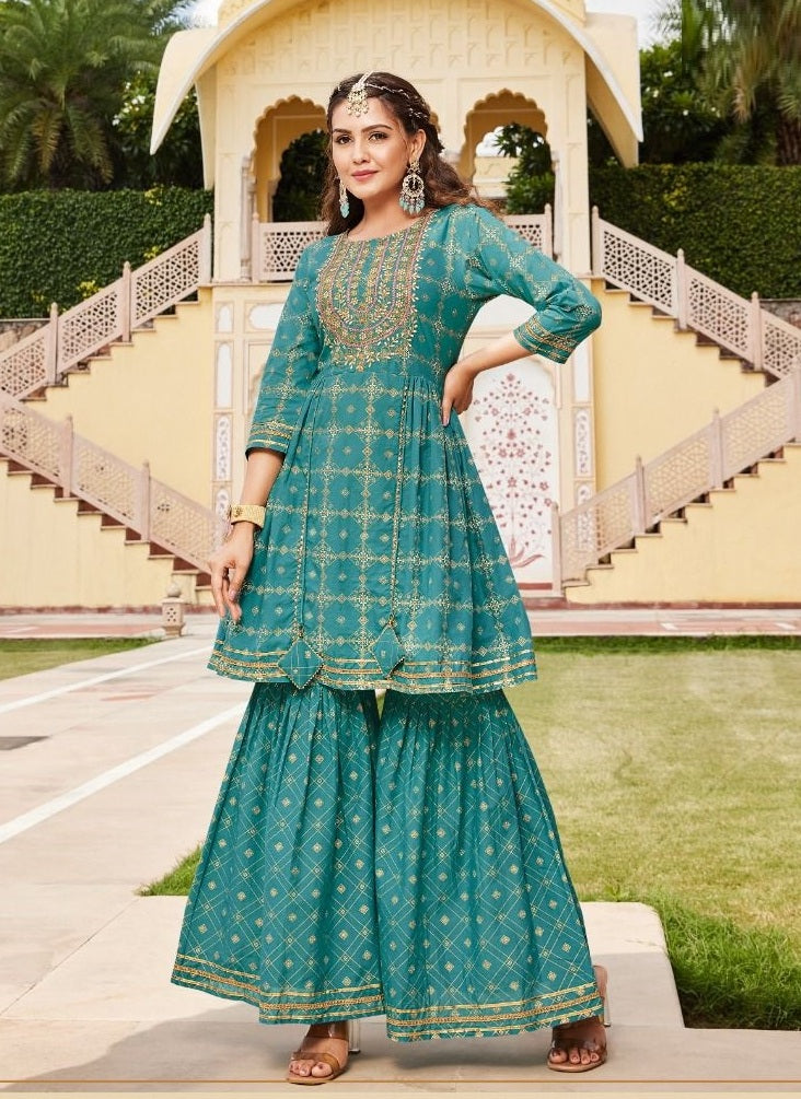 Turquoise Cotton Foil Print Kurti with Gharara