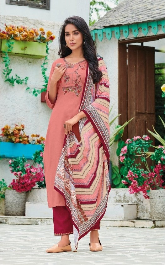 Apricot Red Embroidered Kurta with Bottom & Dupatta