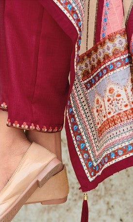 Apricot Red Embroidered Kurta with Bottom & Dupatta