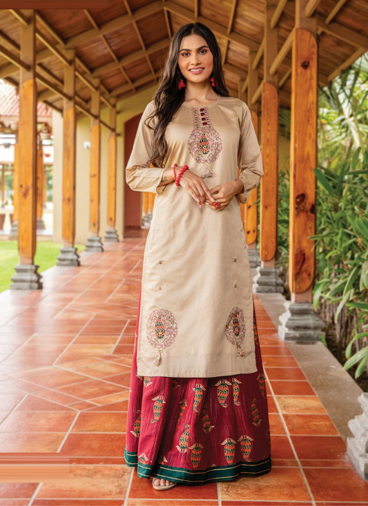 Beige Muslin Kurti with Modal Flex Skirt