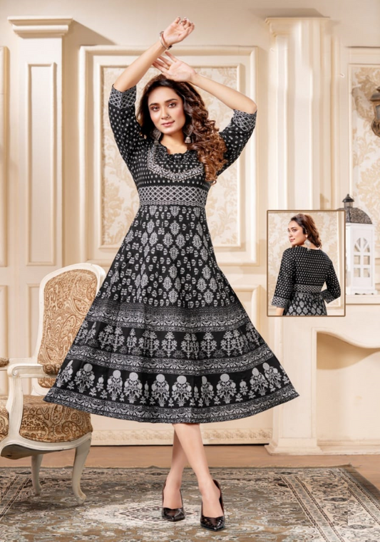 Black Rayon Foil Print Kurti