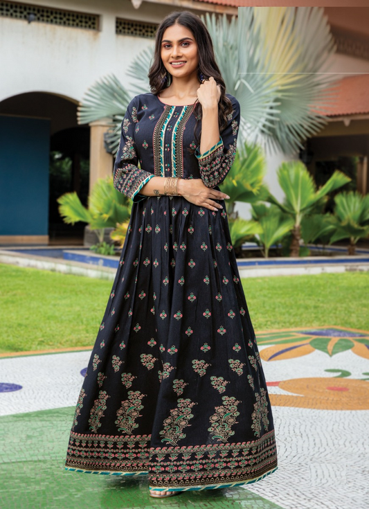 Black Silk Print Anarkali Kurti