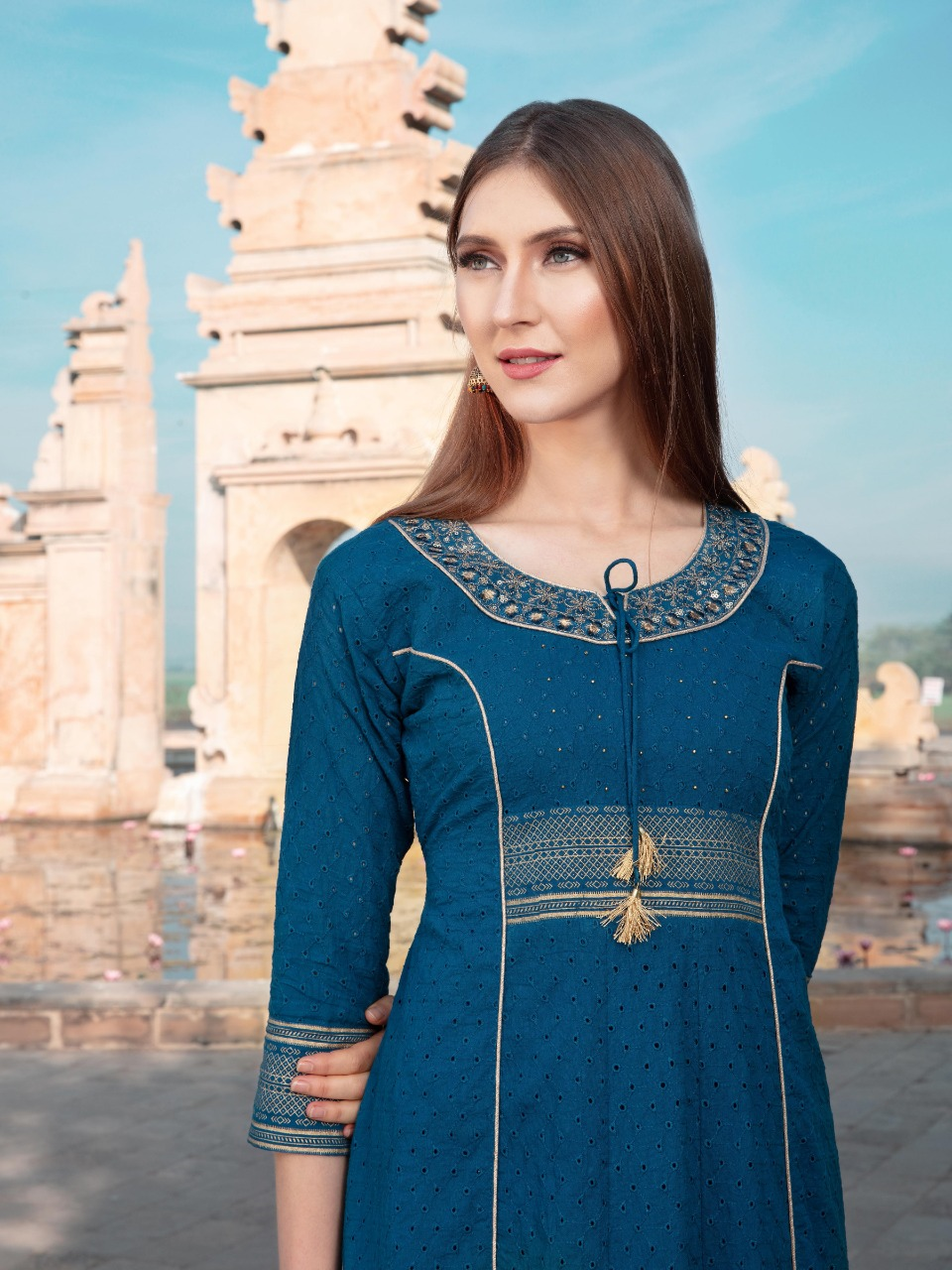 Steel Blue Schiffli Cotton Kurti