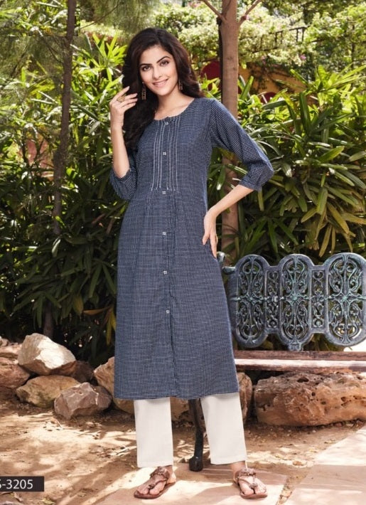 Blue Cotton Checked Kurta with Pant