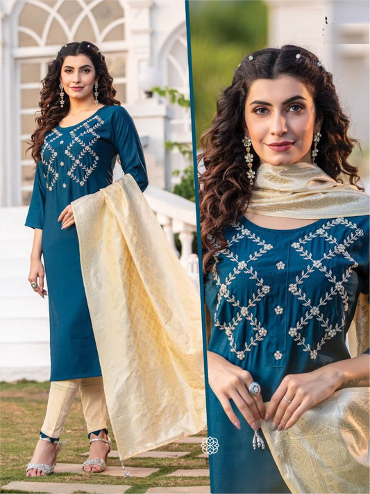 Blue Rayon Sarkar Silk Kurta with Bottom and Dupatta