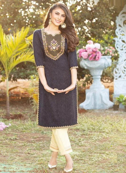 Midnight Blue Viscose Cotton Kurta with Ivory Pant