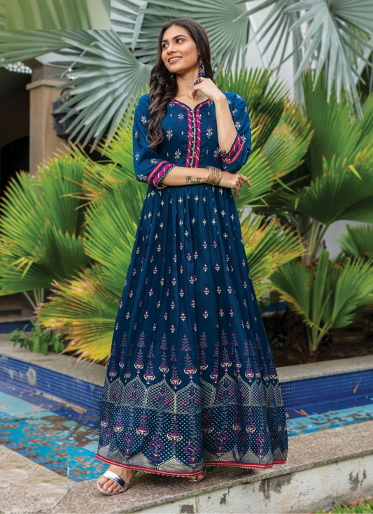 Chambray Blue Silk Print Anarkali Kurti