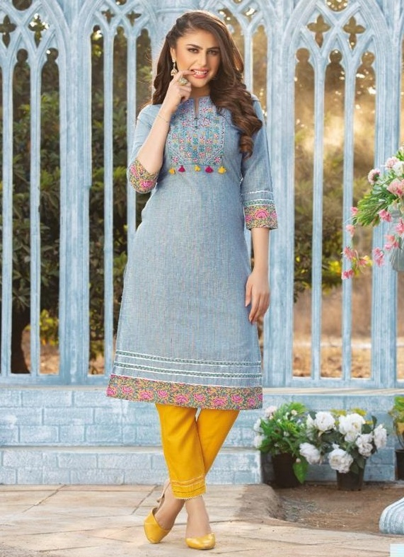 Blue Viscose Cotton Kurta with Yellow Pant