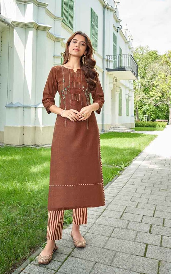 Brown Premium Cotton Kurta with Striped Pant