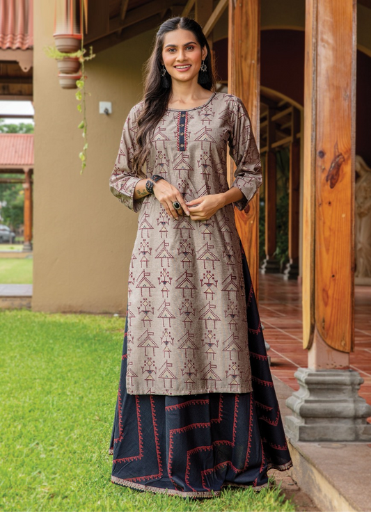 Brown Muslin Kurti with Modal Flex Skirt