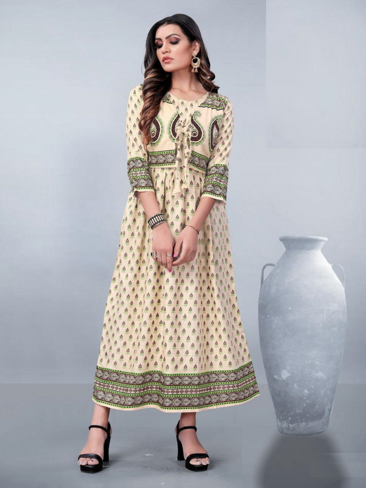 Brown Rayon Printed Kurti with Short Jacket