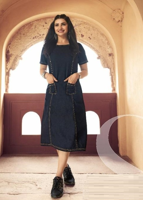 Denim Indigo Blue Frayed Neck Kurti